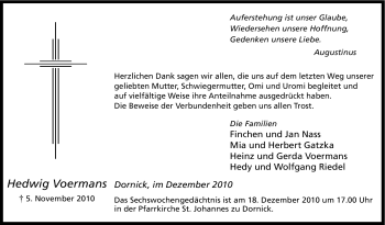 Traueranzeige von Hedwig Voermans von Tageszeitung