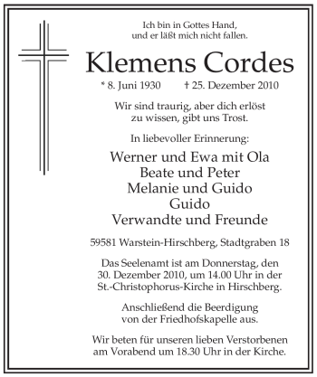 Traueranzeige von Klemens Cordes von Tageszeitung