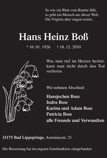 Traueranzeige von Hans Heinz Boß von Tageszeitung