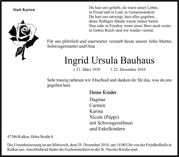 Traueranzeige von Ingrid Ursula Bauhaus von Tageszeitung
