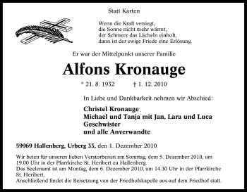 Traueranzeige von Alfons Kronauge von Tageszeitung