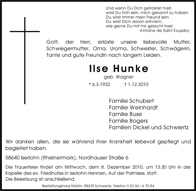  Traueranzeige für Ilse Hunke vom 03.12.2010 aus Tageszeitung