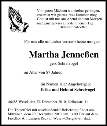 Traueranzeige von Martha Jenneßen von Tageszeitung