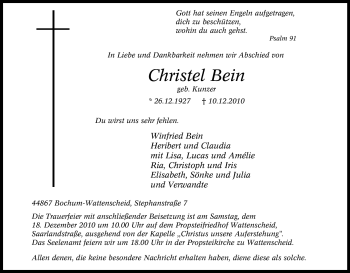 Traueranzeige von Christel Bein von Tageszeitung