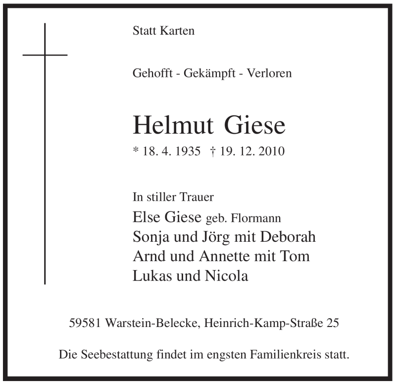  Traueranzeige für Helmut Giese vom 21.12.2010 aus Tageszeitung