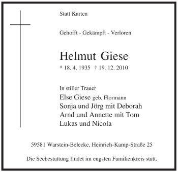 Traueranzeige von Helmut Giese von Tageszeitung