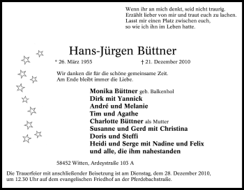 Traueranzeigen von HansJürgen Büttner TrauerinNRW.de