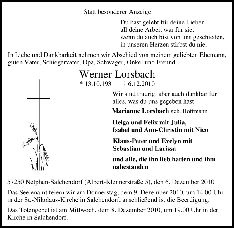  Traueranzeige für Werner Lorsbach vom 07.12.2010 aus Tageszeitung