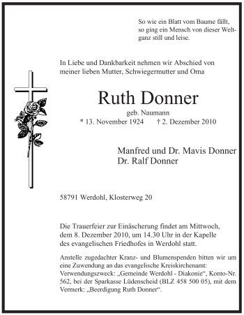 Traueranzeige von Ruth Donner von Tageszeitung