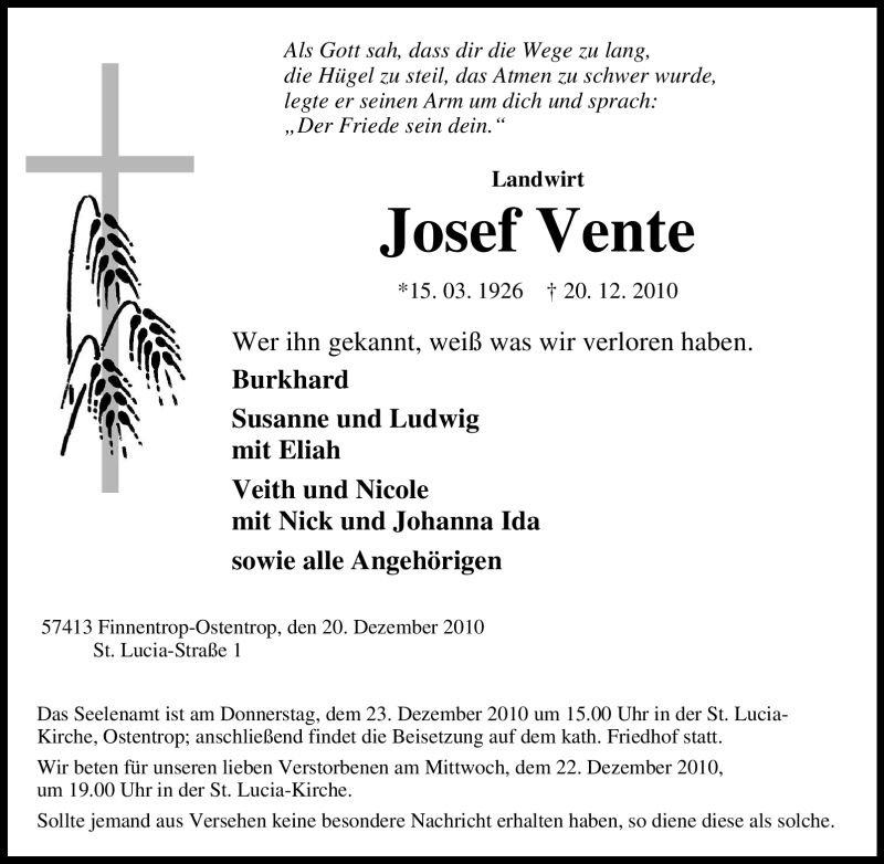  Traueranzeige für Josef Vente vom 21.12.2010 aus Tageszeitung