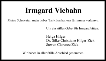 Traueranzeige von Irmgard Viebahn von Tageszeitung