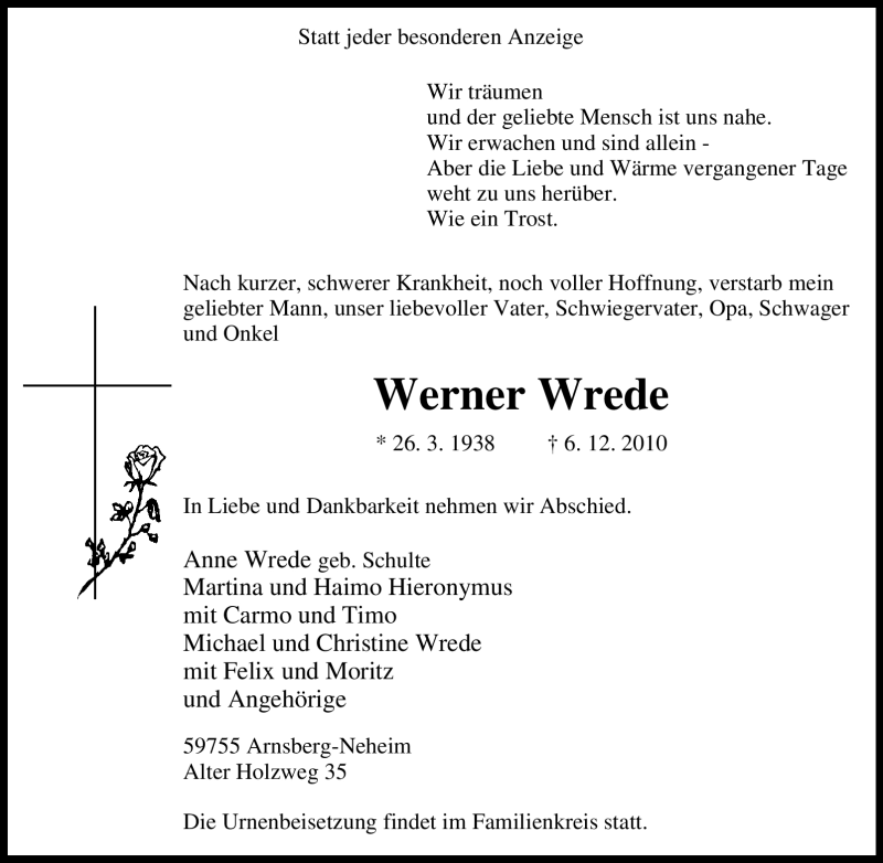 Traueranzeigen von Werner Wrede TrauerinNRW.de
