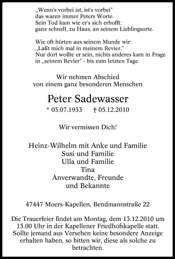 Traueranzeige von Peter Sadewasser von Tageszeitung
