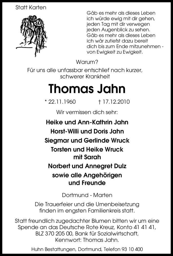  Traueranzeige für Thomas Jahn vom 22.12.2010 aus Tageszeitung