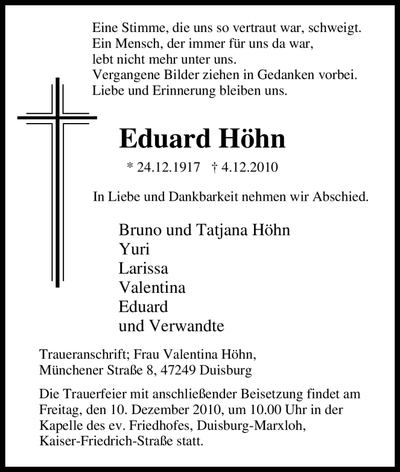  Traueranzeige für Eduard Höhn vom 07.12.2010 aus Tageszeitung