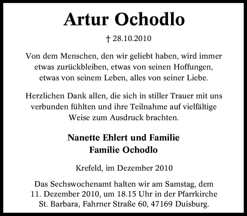  Traueranzeige für Artur Ochodlo vom 04.12.2010 aus Tageszeitung
