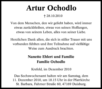 Traueranzeige von Artur Ochodlo von Tageszeitung