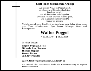 Traueranzeige von Walter Poggel von Tageszeitung
