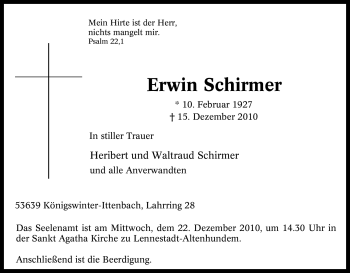 Traueranzeige von Erwin Schirmer von Tageszeitung