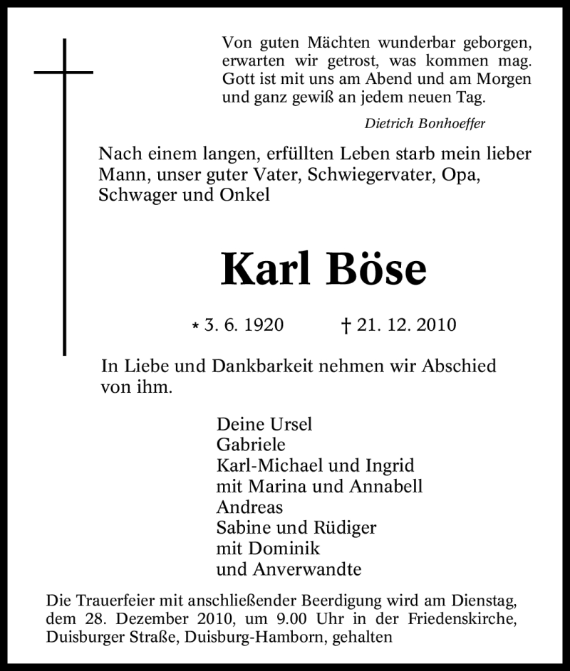  Traueranzeige für Karl Böse vom 23.12.2010 aus Tageszeitung