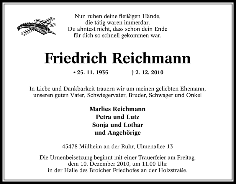  Traueranzeige für Friedrich Reichmann vom 07.12.2010 aus Tageszeitung