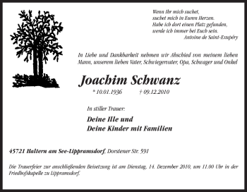 Traueranzeige von Joachim Schwanz von Tageszeitung