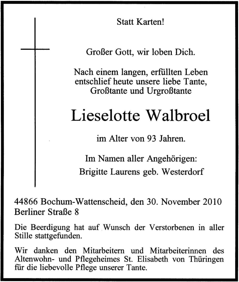  Traueranzeige für Lieselotte Walbroel vom 09.12.2010 aus Tageszeitung