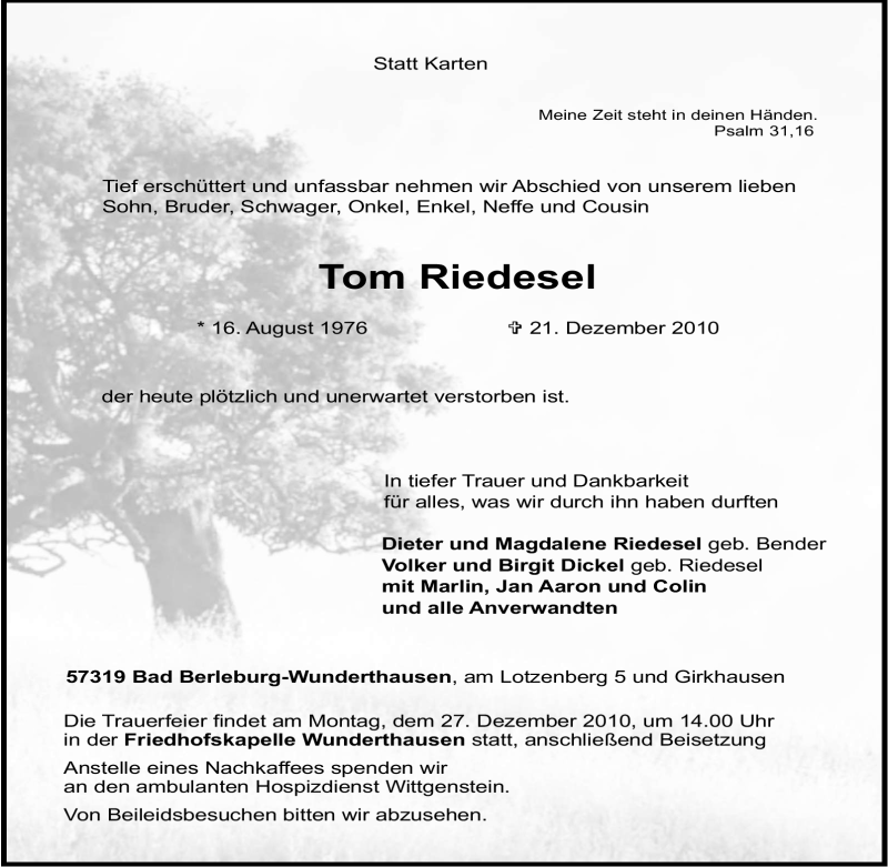  Traueranzeige für Tom Riedesel vom 22.12.2010 aus Tageszeitung