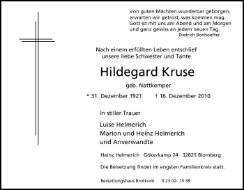 Traueranzeige von Hildegard Kruse von Tageszeitung
