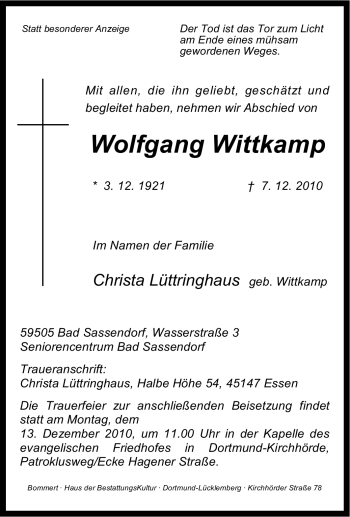 Traueranzeige von Wolfgang Wittkamp von Tageszeitung