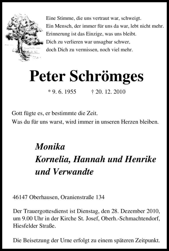  Traueranzeige für Peter Schrömges vom 23.12.2010 aus Tageszeitung
