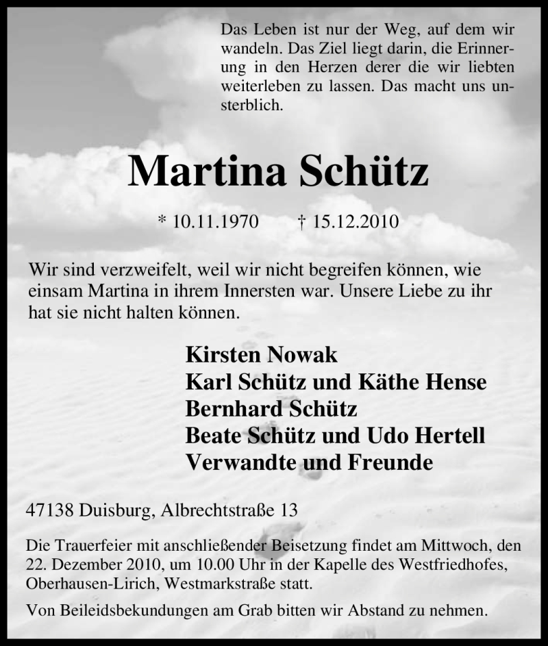  Traueranzeige für Martina Schütz vom 18.12.2010 aus Tageszeitung