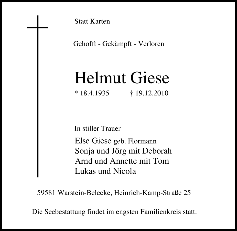  Traueranzeige für Helmut Giese vom 22.12.2010 aus Tageszeitung