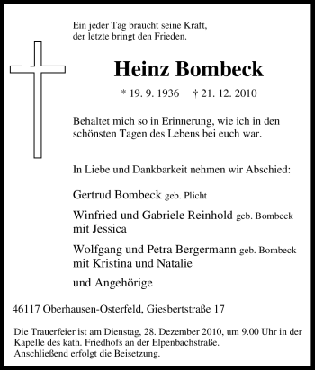Traueranzeige von Heinz Bombeck von Tageszeitung