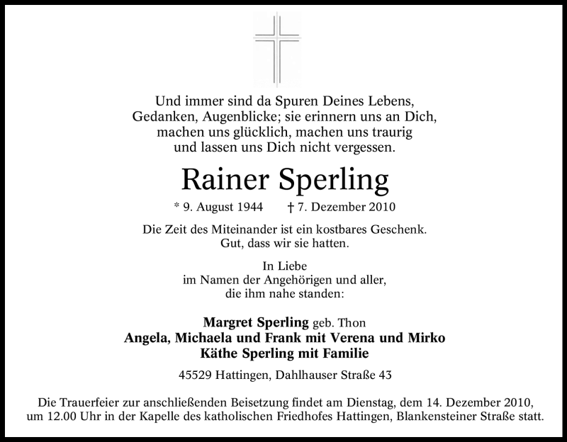  Traueranzeige für Rainer Sperling vom 11.12.2010 aus Tageszeitung