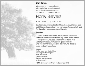 Traueranzeige von Harry Sievers von Tageszeitung