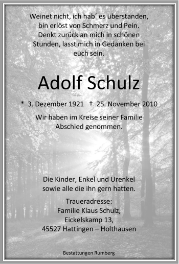 Traueranzeige von Adolf Schulz von Tageszeitung