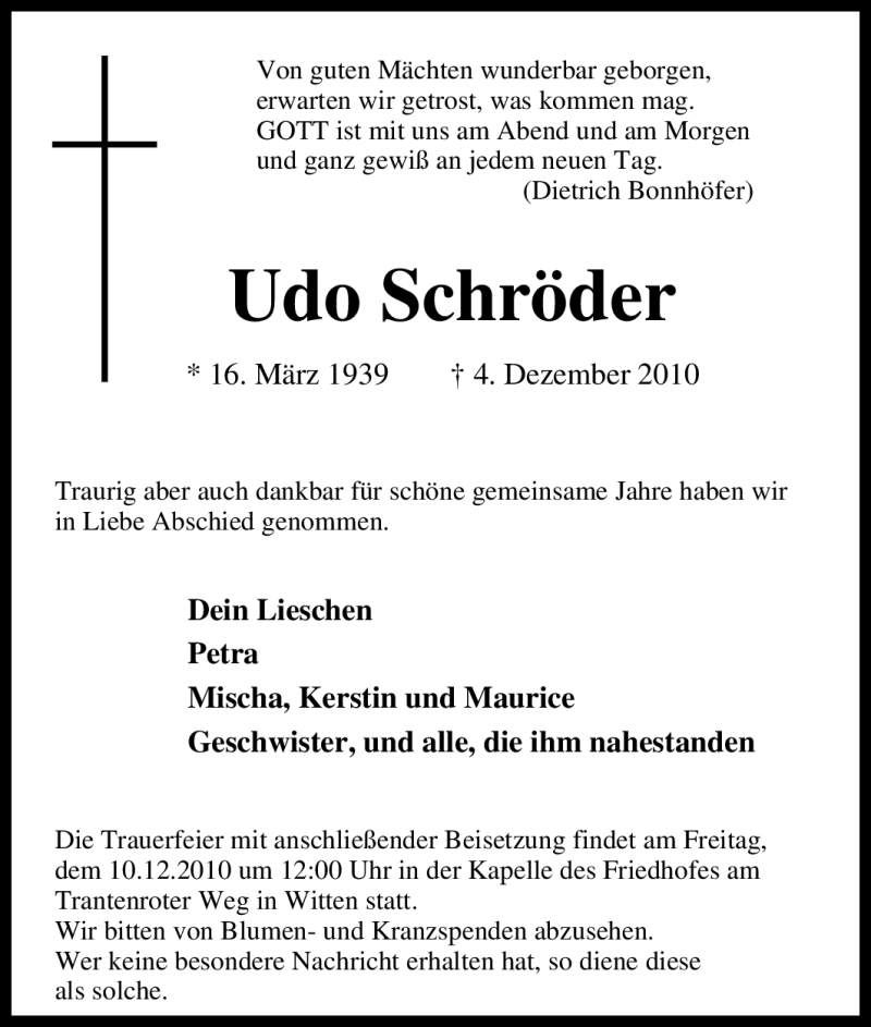  Traueranzeige für Udo Schröder vom 08.12.2010 aus Tageszeitung