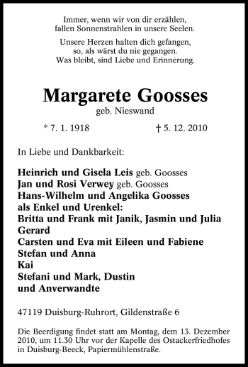 Traueranzeige von Margarete Goosses von Tageszeitung