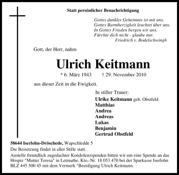 Traueranzeige von Ulrich Keitmann von Tageszeitung