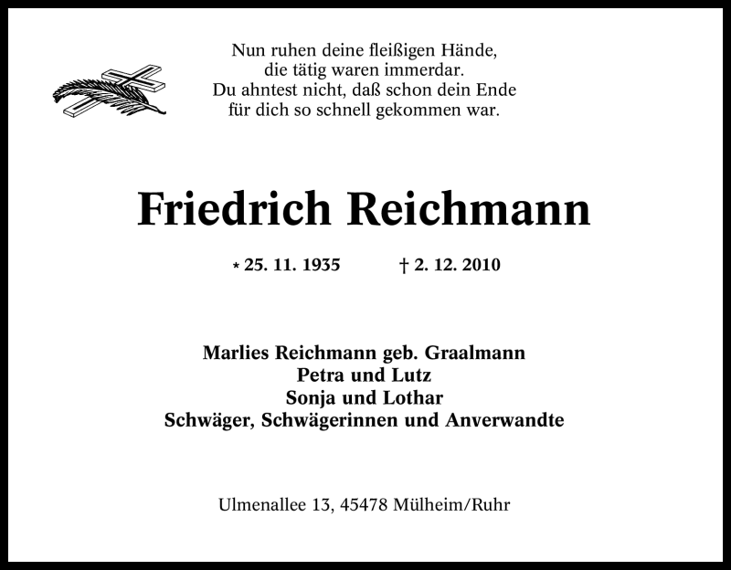  Traueranzeige für Friedrich Reichmann vom 07.12.2010 aus Tageszeitung
