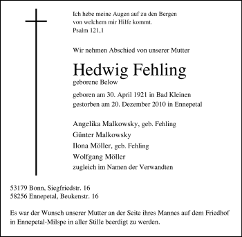 Traueranzeige von Hedwig Fehling von Tageszeitung