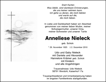 Traueranzeige von Anneliese Nieleck von Tageszeitung