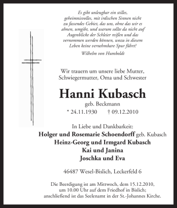 Traueranzeige von Hanni Kubasch von Tageszeitung