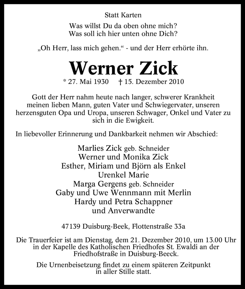  Traueranzeige für Werner Zick vom 18.12.2010 aus Tageszeitung