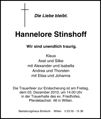 Traueranzeige von Hannelore Stinshoff von Tageszeitung