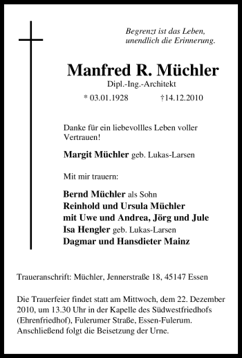 Traueranzeige von Müchler R. Müchler von Tageszeitung