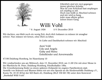 Traueranzeige von Willi Vohl von Tageszeitung