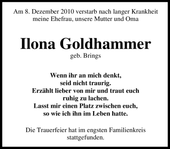 Traueranzeige von Ilona Goldhammer von Tageszeitung