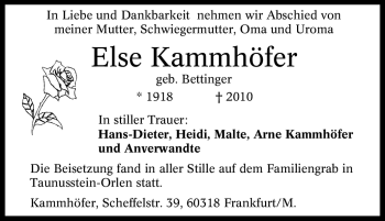 Traueranzeige von Else Kammhöfer von Tageszeitung